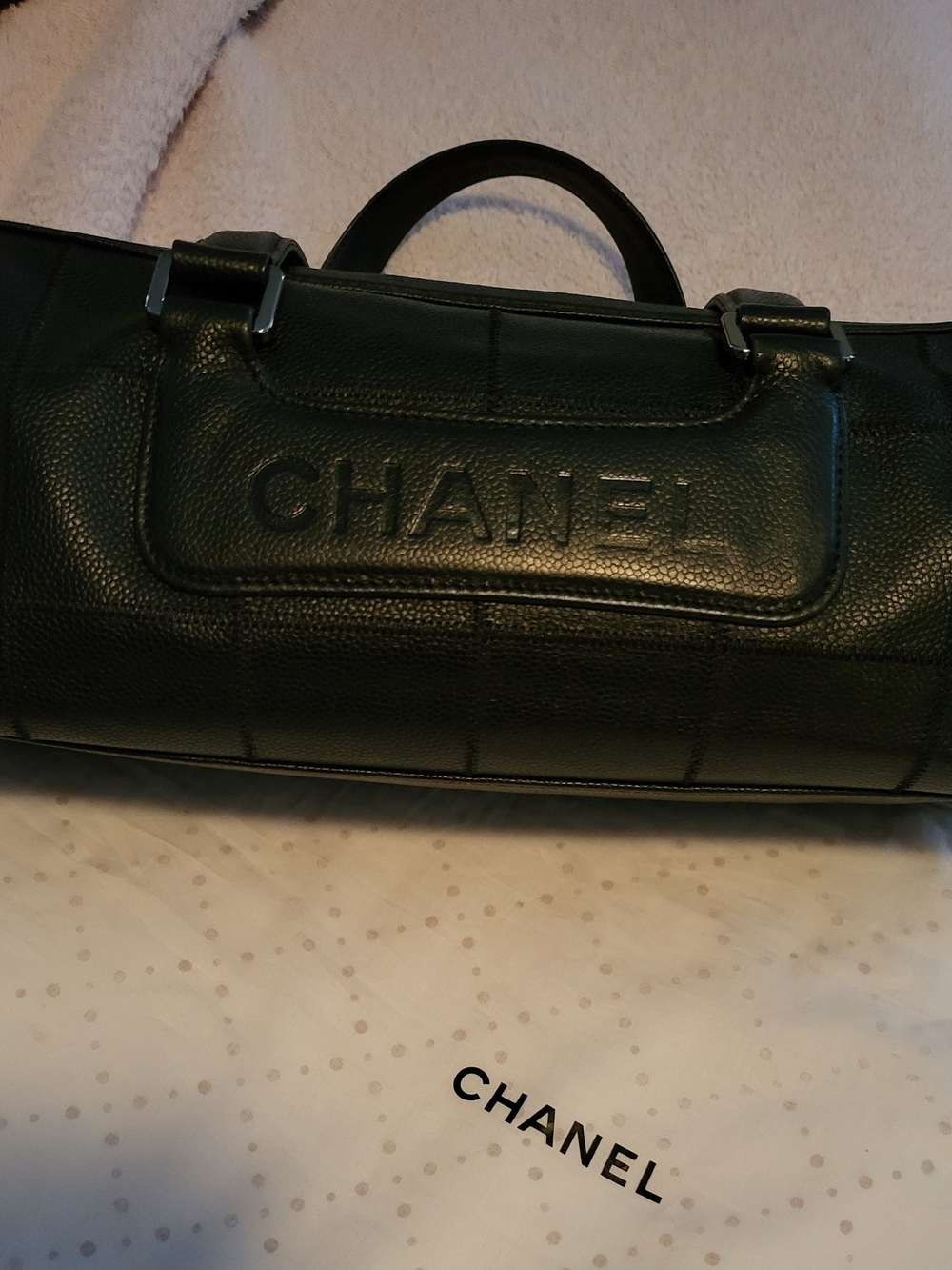CHANEL Dark Green Pebbled Leather Duffel Bag